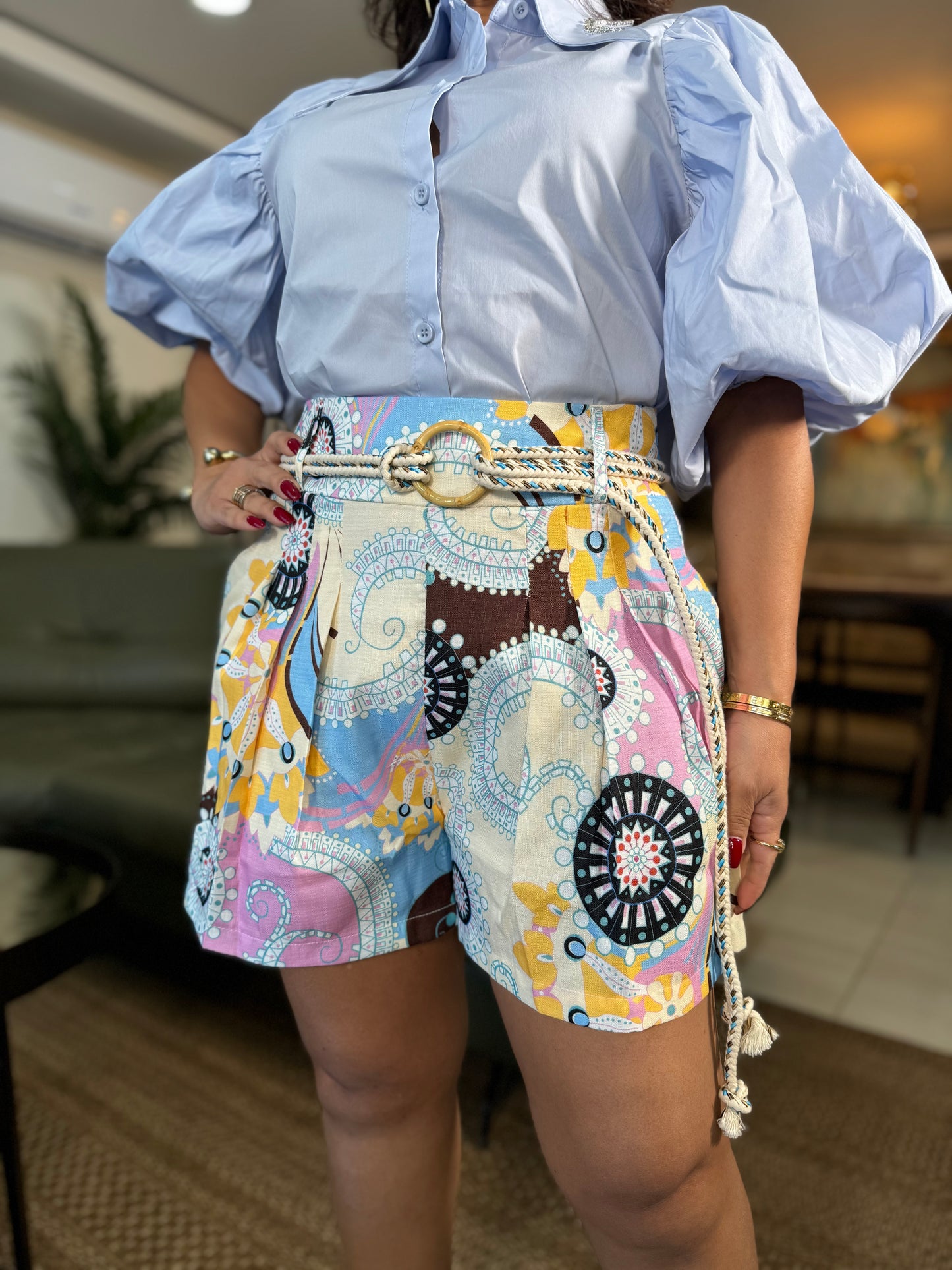ABSTRACT PRINTED LINEN SHORT